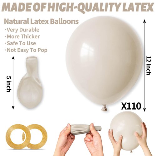 110pcs Sand White Balloon 12 inch, Sand white Latex Balloons for Birthday Party Baby Shower Wedding(with 2 Ribbons).