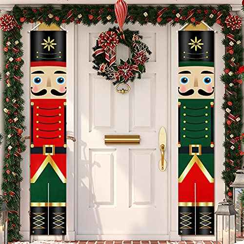 Nutcracker Christmas Banner Decorations, Solider Christmas Porch Sign Xmas Hanging Banner for Wall Front Outside Door Indoor Yard Home Holiday Party Porch Garden Decor