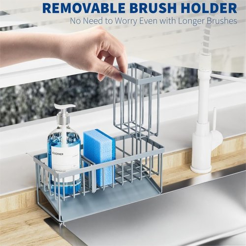 Cisily Sink Caddy Organizer - Rustproof 304 Stainless Steel with Brush & Sponge Holder | Gray Blue