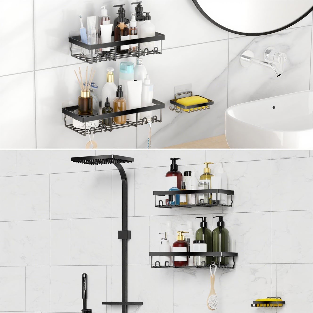 Moforoco Shower Caddy Basket Shelf - No Drilling, Rustproof Black Bathroom Organizer | 3-Pack with Soap Holder