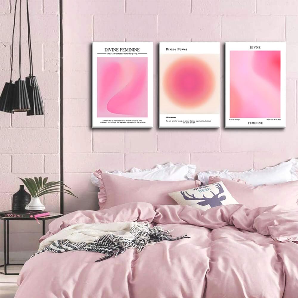 Trendy Aesthetic Canvas Wall Art Set of 3 - Pink Gradient Aura Angel Posters | Framed 12x16 Inch Decor for Bedroom & Living Room