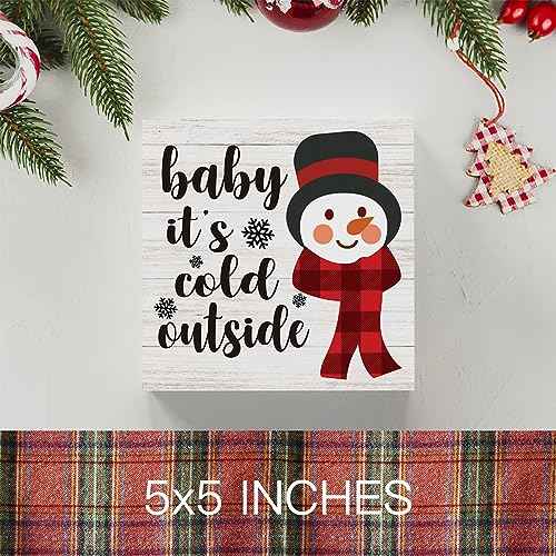 Baby It's Cold Outside Snowman Merry Christmas Tree Wood Box Sign, Farmhouse Christmas Santa Artwork Decor, Wood Square Sign Desk Block Signs Home Shelf Office Decoration 5 x 5 Inches