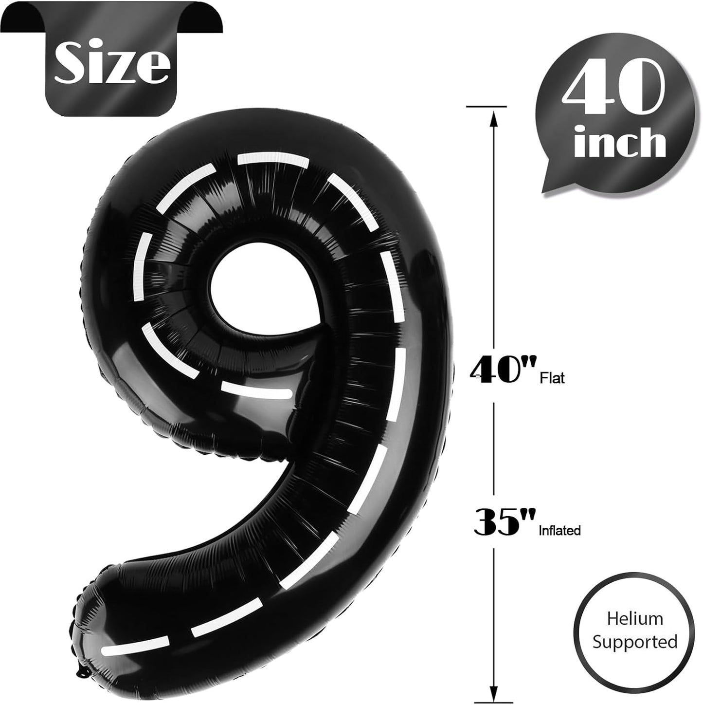 Race Car 9 Balloon - 40 Inch Black Giant Number Balloon for 9th Birthday Decorations