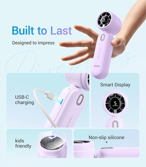 Diveblues High-Speed Portable Handheld Turbo Fan - USB Rechargeable, Compact Design for Travel & Home | Purple