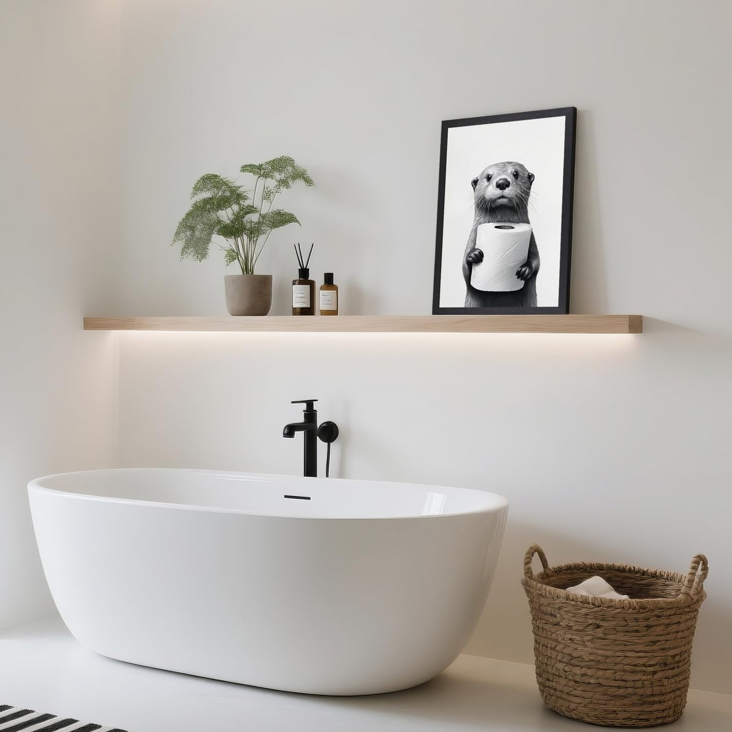 LLEEMPI Otter Toilet Paper Wall Art - Modern Minimalist Black & White Canvas Print | 12x16 Inch Framed Decor