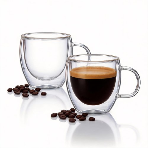 guuminsting Double Wall Insulated Espresso Shot Cups 5.4 OZ Set of 2, Small Clear Borosilicate Glass Demitasse Coffee Mugs with Handles