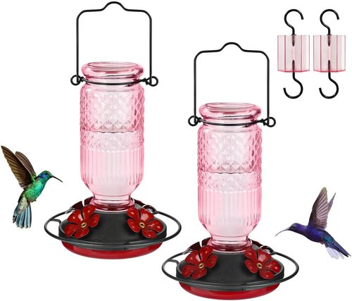 FEED GARDEN Hummingbird Feeder - 16 Oz Outdoor Glass Design with 4 Bee Guards & Ant Moat | Pink, 2 Pack