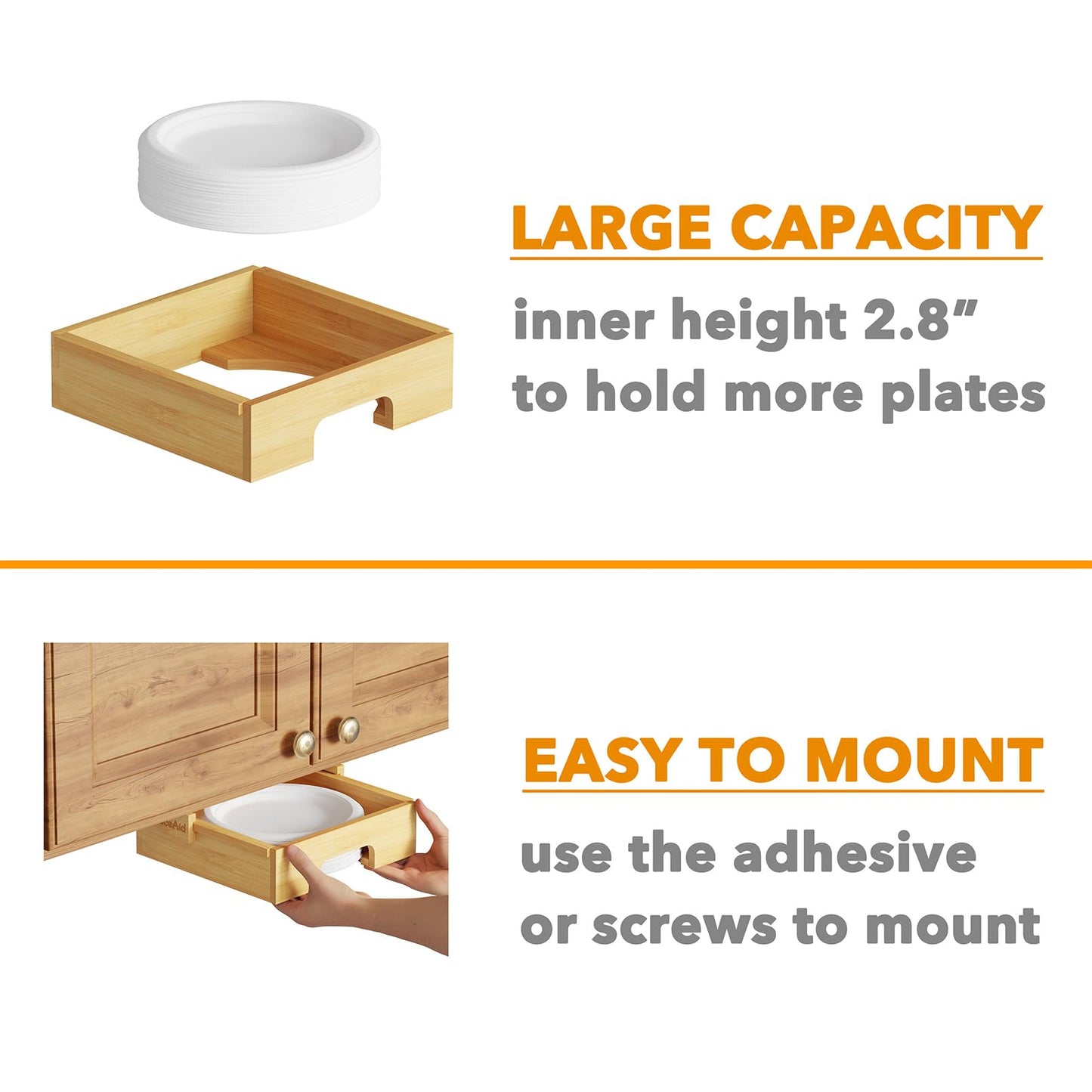 SpaceAid 8.5-inch Paper Plate Dispenser, Under Cabinet Bamboo Plates Holder, Kitchen Counter Vertical Dipensers Holders Countertop Caddy, Bamboo
