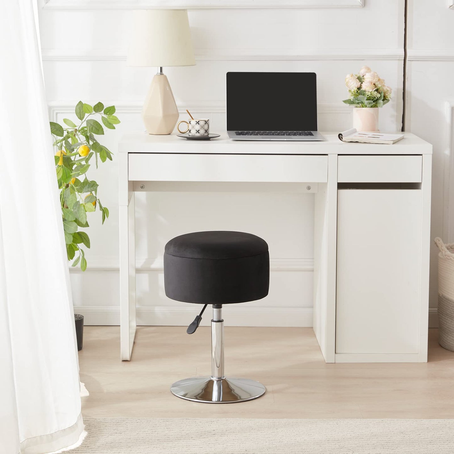 RUCUKEN Adjustable Ottoman Stool Black Vanity Stool Vanity Chair for Makeup Room Stool Chair for Vanity Stool with Storage Makeup Stools with Storage Swivel Makeup Chair for Bathroom Velvet