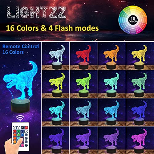 Dinosaur Toys, 3D T-Rex Night Light with Remote & Smart Touch + Timer + 16 Colors Changing Dimmable Dino 3D Lamp Gifts for Boys Kids Age 2 3 4 5 6+ Year Old Boy