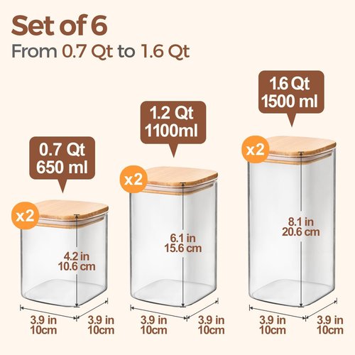 ComSaf Airtight Glass Storage Canisters - Set of 6 Kitchen Pantry Jars for Flour, Sugar, Tea | 0.7Qt, 1.2Qt, 1.6Qt