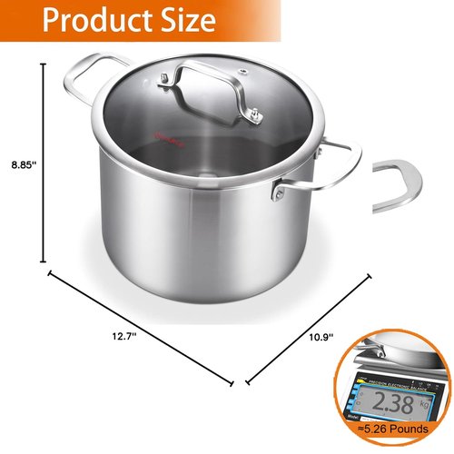 DELARLO Tri-Ply Stainless Steel 8 Quart Stock Pot, Heavy-Duty, All Stove Compatible, Up to 600℉ Soup Pot with Lid, 18/10 Induction Big Stockpot with Lids, Large Stainless Steel Induction for Cooking
