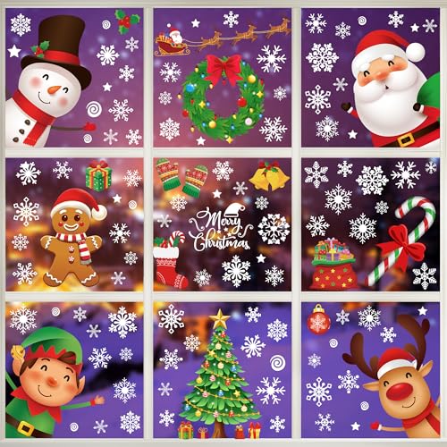 144 PCS Christmas Window Clings, Snowflake Window Clings for Stickers for Glass, Christmas Decorations Decals for Snowman Santa Claus Tree Reindeer Elf Winter Party Accessories Supplies Decor