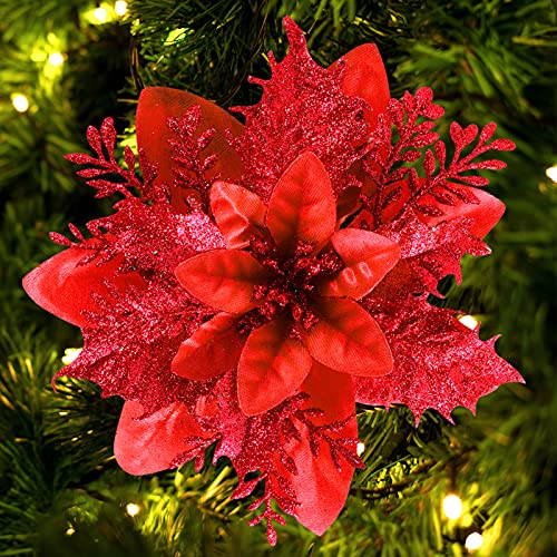 Christmas Poinsettia Artificial Flowers Decorations 5.5" Christmas Tree Wreaths Garland Decoration 12 Pcs Glitter Flowers Picks Decor for Xmas New Year Wedding Party Ornaments (Red)