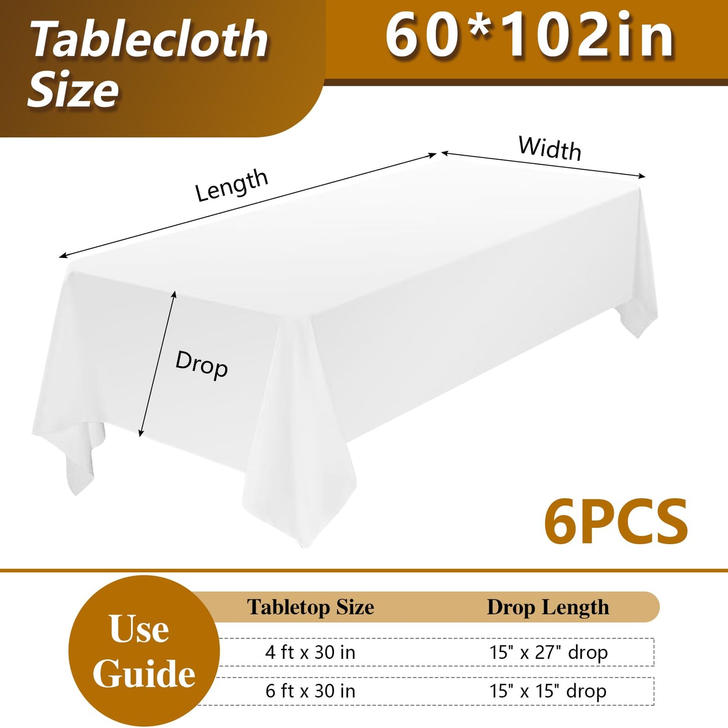 Rectangle Tablecloth for 6 Foot Rectangular Table, 6 Pack 60 x 102 Inch White Tablecloths Washable Reusable Polyester Fabric Tables Cover for Dining, Weddings,Birthday Parties and Banquets