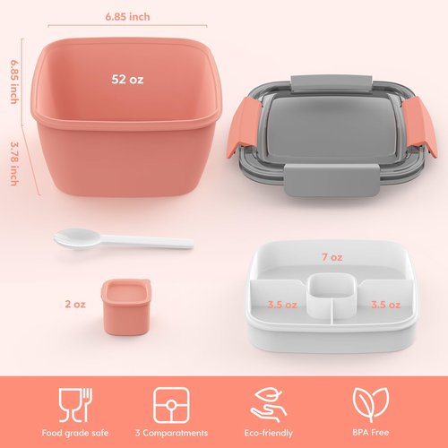 Cherrysea Salad Lunch Box, 2Pack Bowls with 3 Compartments, Leak Proof with Fork - BPA-Free Snack Box with Sauce Container - Pink