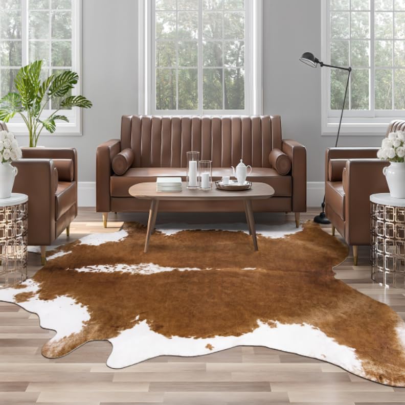 Faux Cowhide Rug Brown Cow Print Area Rug 4'7 x 5'2 Irregular Large Animal Floor Covering
