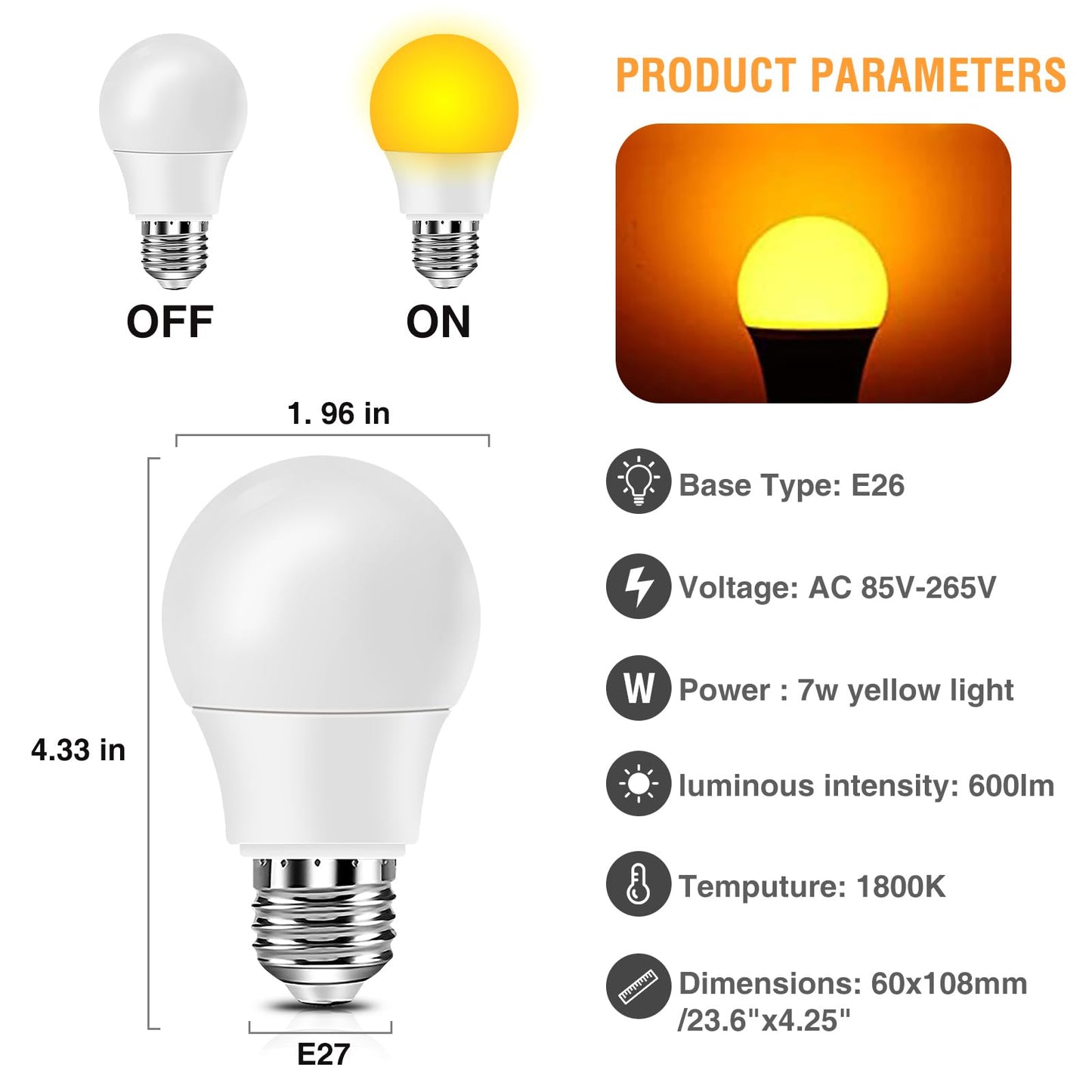 Neporal Amber Light Bulbs, 9W 60W Equivalent A19 Soft Light Bulb, Blue Light Blocking Warm Light Bulbs, 1800K Amber Night Light Bulb, Dim Bulb for Healthy Sleep and Baby Nursery Light (3)