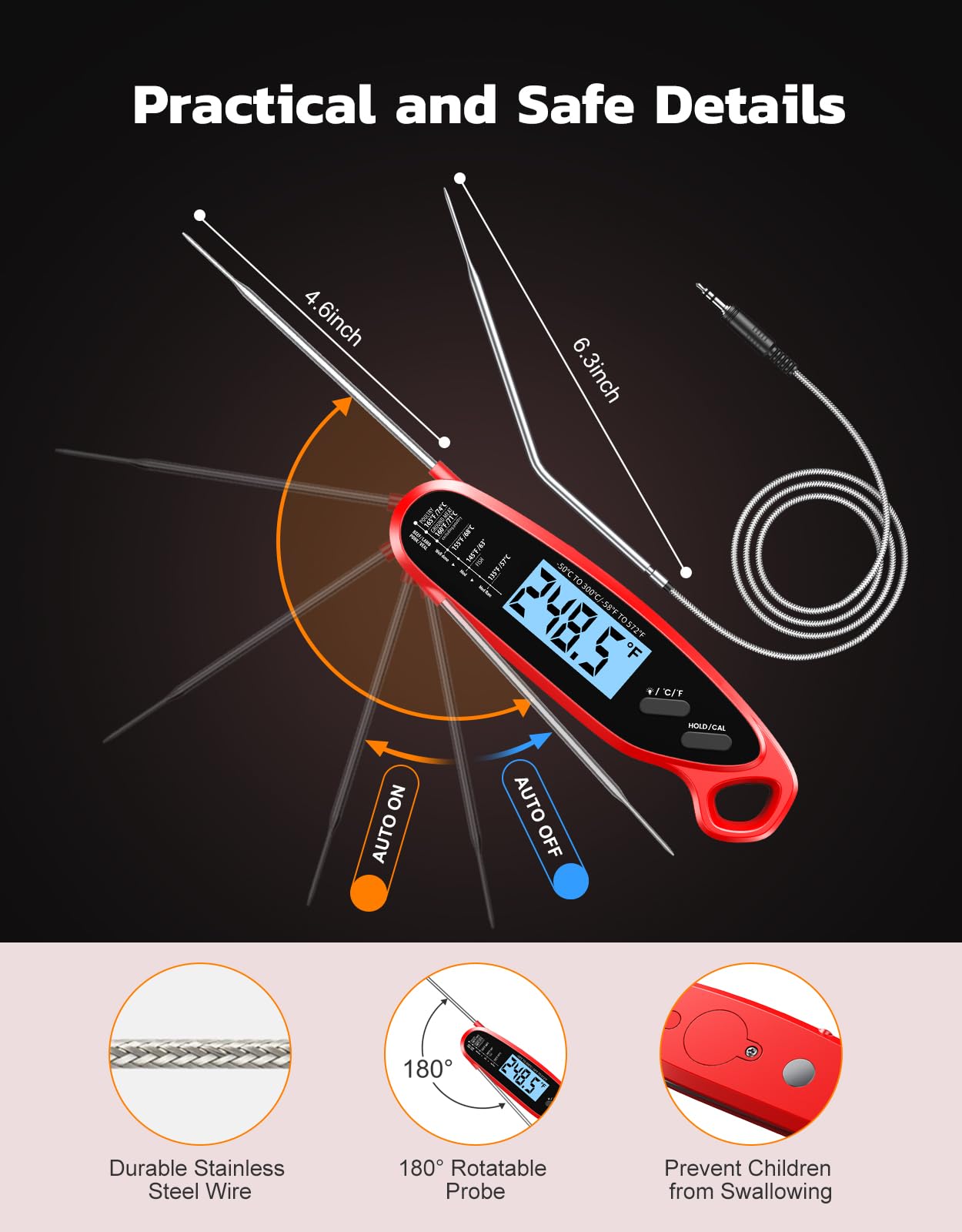 Vuwwey Instant Read Meat Thermometer Digital with Dual Probe, Food Thermometer for Cooking & Grilling, Large Backlit & Calibration, for Kitchen/Oven/Grill/Smoker/BBQ/Candy/Oil/Fry, Gifts for Men & Dad