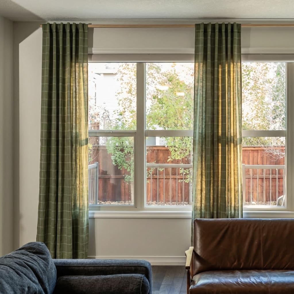 NICETOWN Linen Plaid Curtains - Modern Moss Green Check Window Panels | Light Filtering, 52" x 84" (2 Panels)