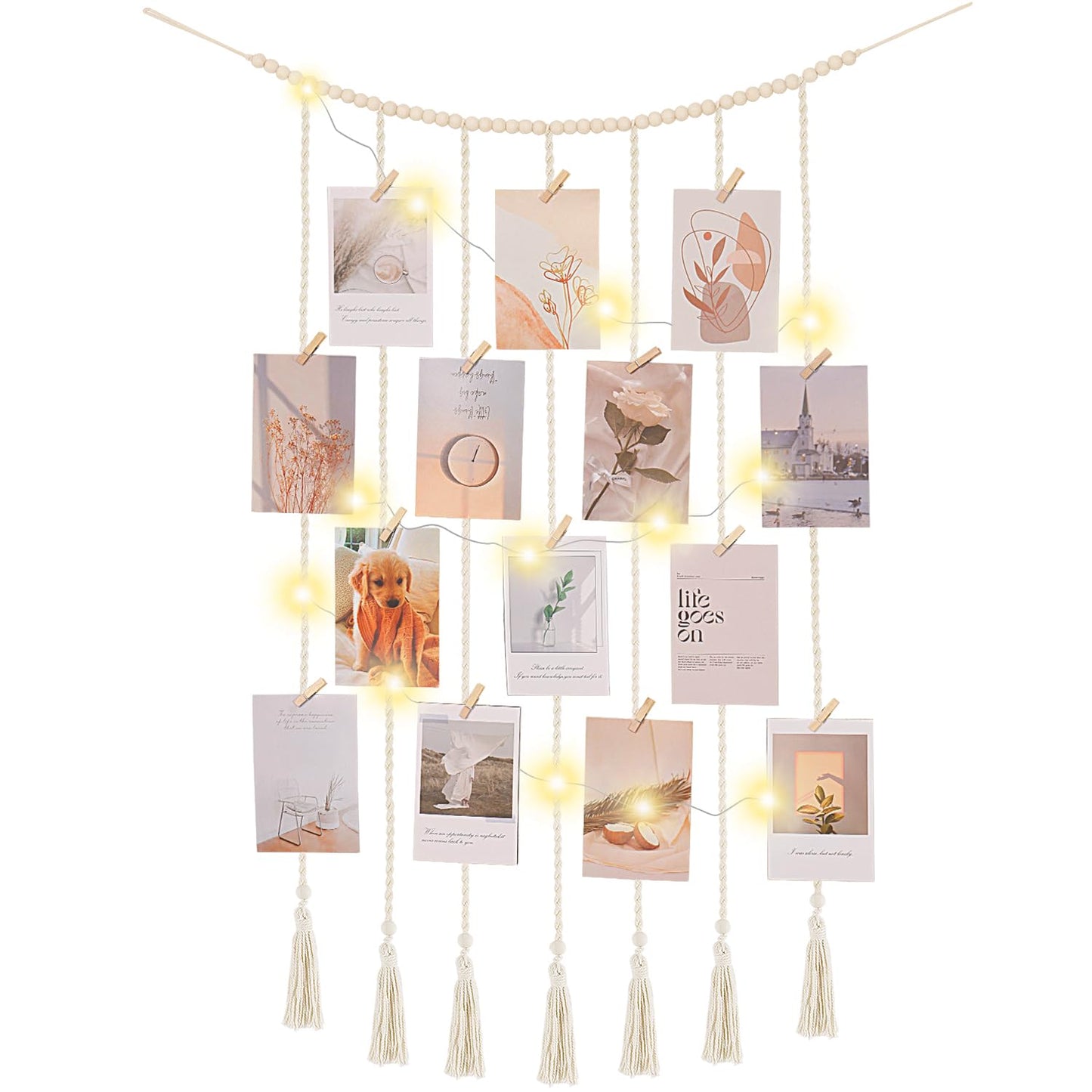 Poefditev Macrame Hanging Photo Display Boho Wall Decor with String Lights Wooden Beads Garland Picture Frame Collage Holder with 30 Clips for Room, Bedroom, Dorm, Christmas Teenage Teen Girl Gifts (Beige, Medium)