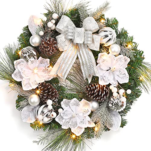 GarveeHome 24in Pre-lit Christmas Wreath with 20 LEDs – Silver White Magnolia Bow