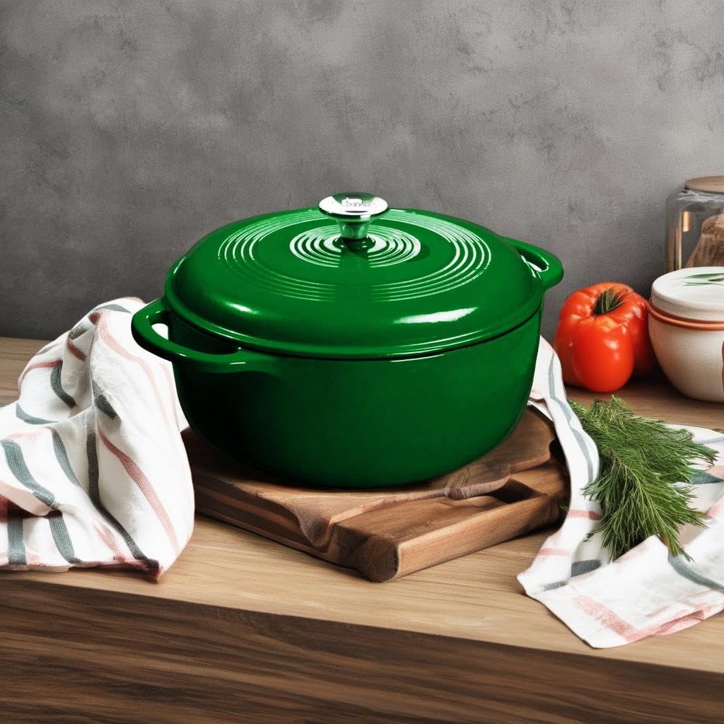 Lodge Essential Enamel Cast Iron Dutch Oven - Perfect for Bread Baking, Braising, Marinating & Slow Cooking - Features Moisture-Sealing Lid & Dual Handles - Kitchen Essentials - 6 Quarts - Evergreen