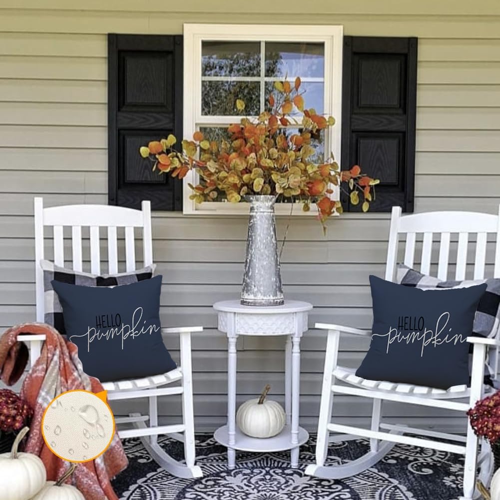 RABUSOFA Fall Pillow Covers - 18x18 Inch Dark Blue Harvest Design | Autumn Hello Pumpkin Decor