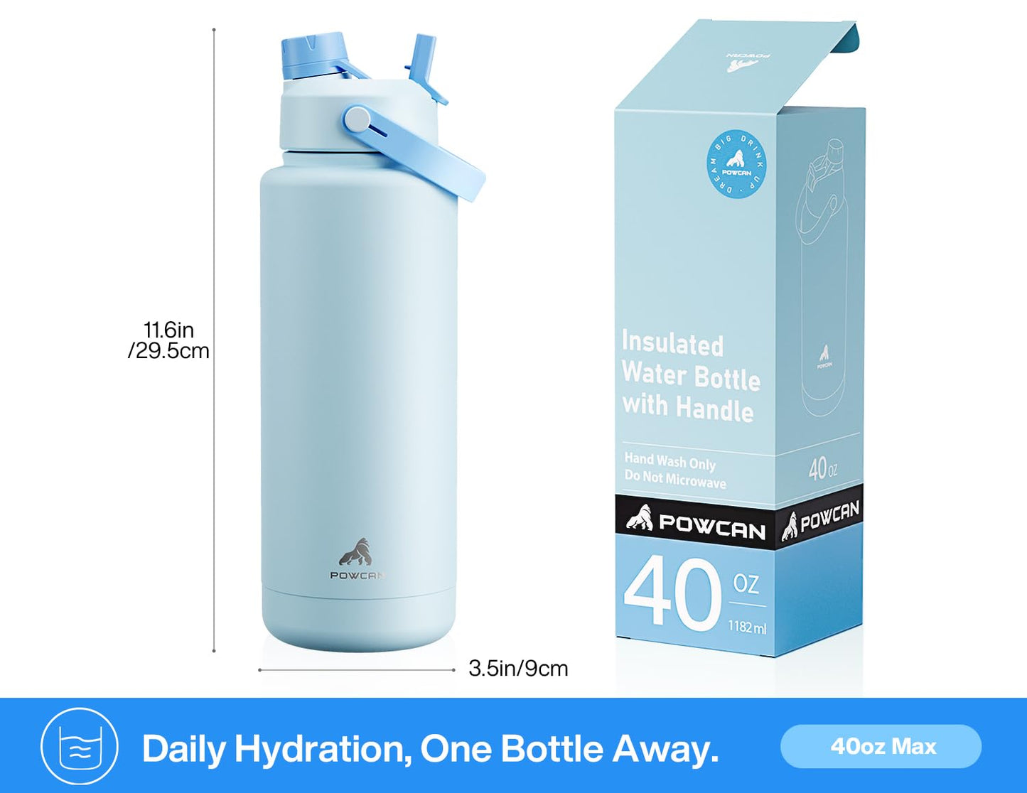 POWCAN 40 oz Insulated Water Bottle with 2-in-1 Straw and Spout Lid, Keep Cold 24H, Leak-Proof, BPA-Free, Double Wall Stainless Steel Water Bottle for Sports, Gym, Travel, and School (Sea Breeze)