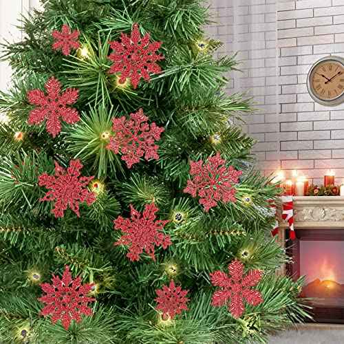 36Pcs Red Snowflake Ornaments, Plastic Glitter Snow Flakes Ornaments for DIY Winter Christmas Tree Decorations,New Year Party Home Decorations