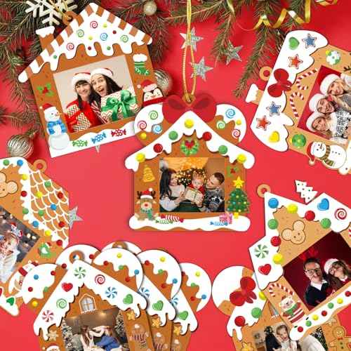28 Pack Christmas Picture Frame Craft Kits for Kids, Xmas DIY Gingerbread House Candy Photo Craft Christmas Hanging Frame Ornaments for Xmas Tree Holiday Art Decorations Home Class Game Activities