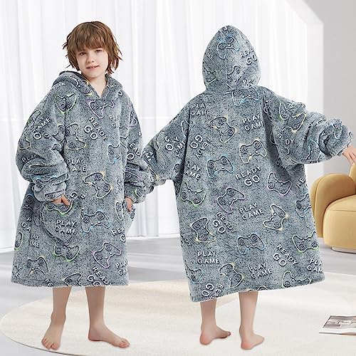 Kids Wearable Blanket Hoodie Oversized Sherpa Sleepwear with Glow in The Dark Game Controller Design - Mewkou 6-13YR Gamer Edition