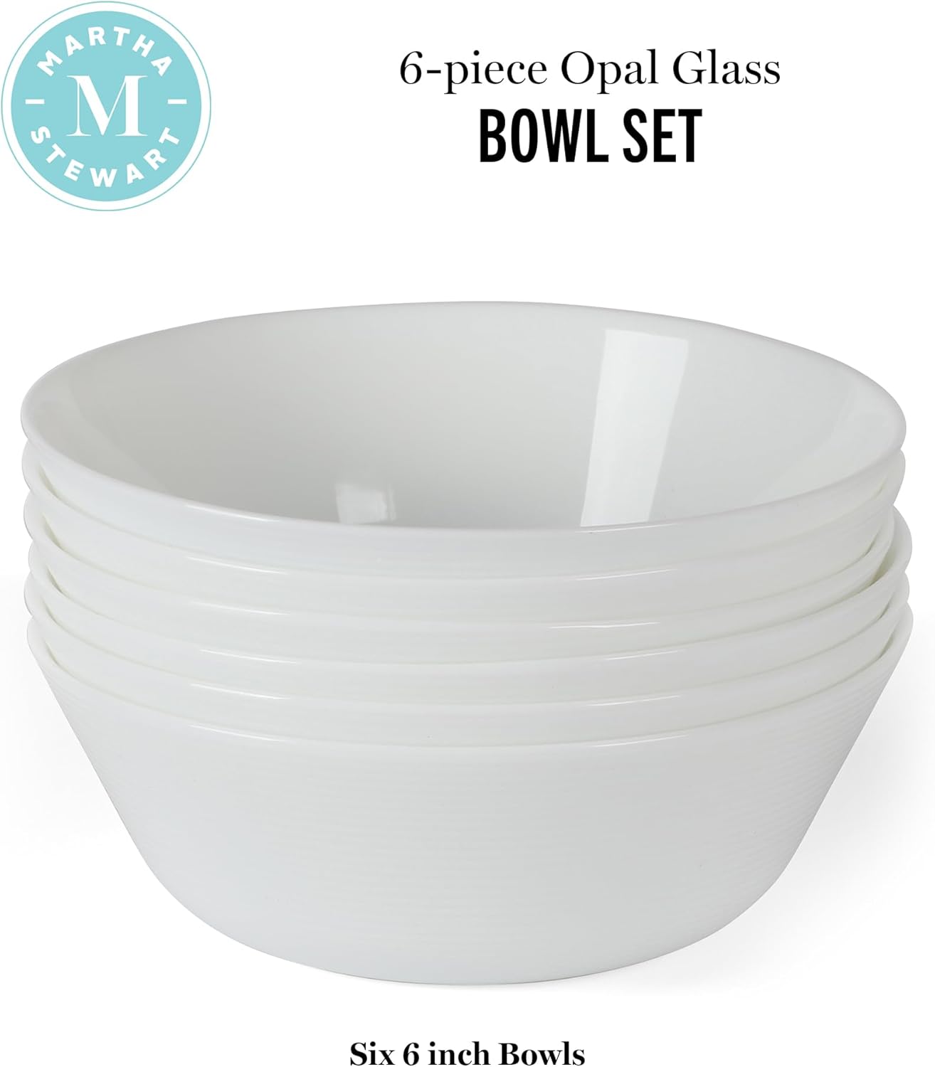 Martha Stewart Opalton 6-Piece Soup & Cereal Bowls - Lightweight, Chip-Resistant Opal Glass Set