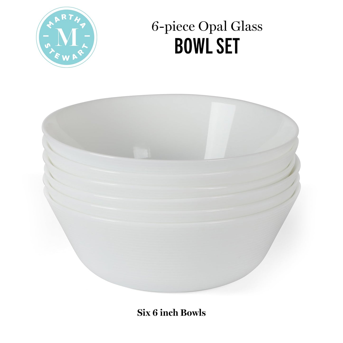 Martha Stewart Opalton 6-Piece 6-Inch Soup and Cereal Bowls – Lightweight, Chip and Break Resistant Opal Glass Bowls for Everyday Use