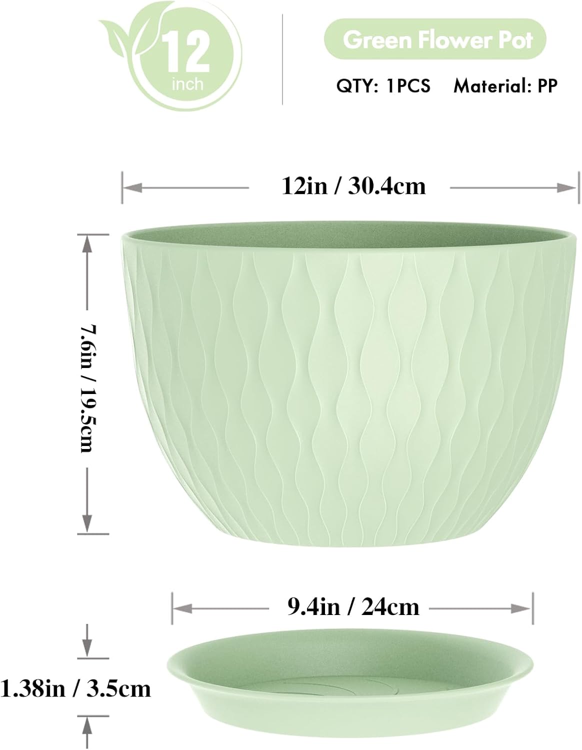 WSMKSZ 12-Inch Large Plant Pots - Stylish Water Ripple Design with Drainage Holes & Saucer | Green Planters for Indoor & Outdoor Use