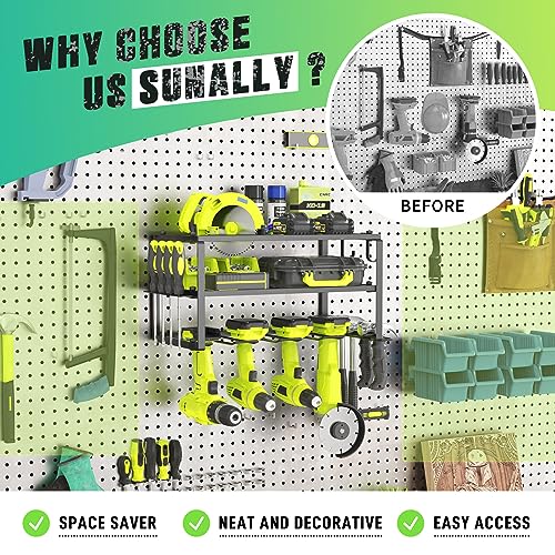 Power Tool Organizer Wall Mount with 4 Drill Holders - Heavy Duty Steel Storage Rack