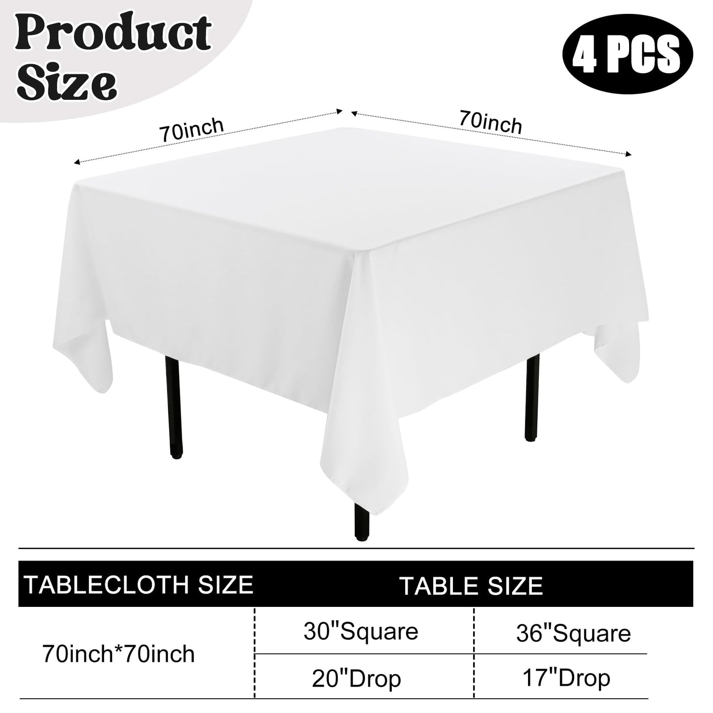 JALANCY 4 Pack Square Table Cloth 70x70 Inch White Tablecloth Machine Washable Fabric Polyester Table Cover for Dining, Buffet Parties, Picnic, Events, Weddings and Restaurants（White）
