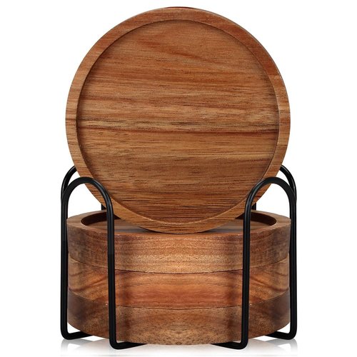 4 Pcs Farmhouse Wooden Coasters with Holder Cute Wood Drink Coaster Set Outdoor Beer Costers Home Decoration Coffee Table Decor Gift Cup Coaster Bar Kitchen Dining Table Accessories Modern Coasters