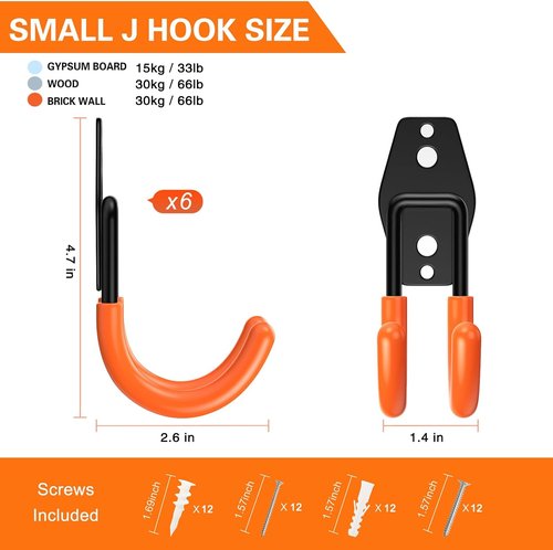 HUPBIPY Heavy Duty Garage Hooks - J-Shaped Wall Mounted Tool Organizer | 6 Pack for Ladders, Bikes, and More