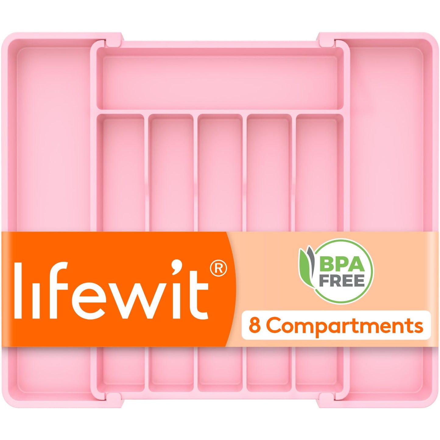 Lifewit Silverware Drawer Organizer, Expandable Utensil Tray for Kitchen, BPA Free Flatware and Cutlery Holder, Adjustable Plastic Storage for Spoons Forks Knives, 10.9"-17.5" x 13.7", Pink