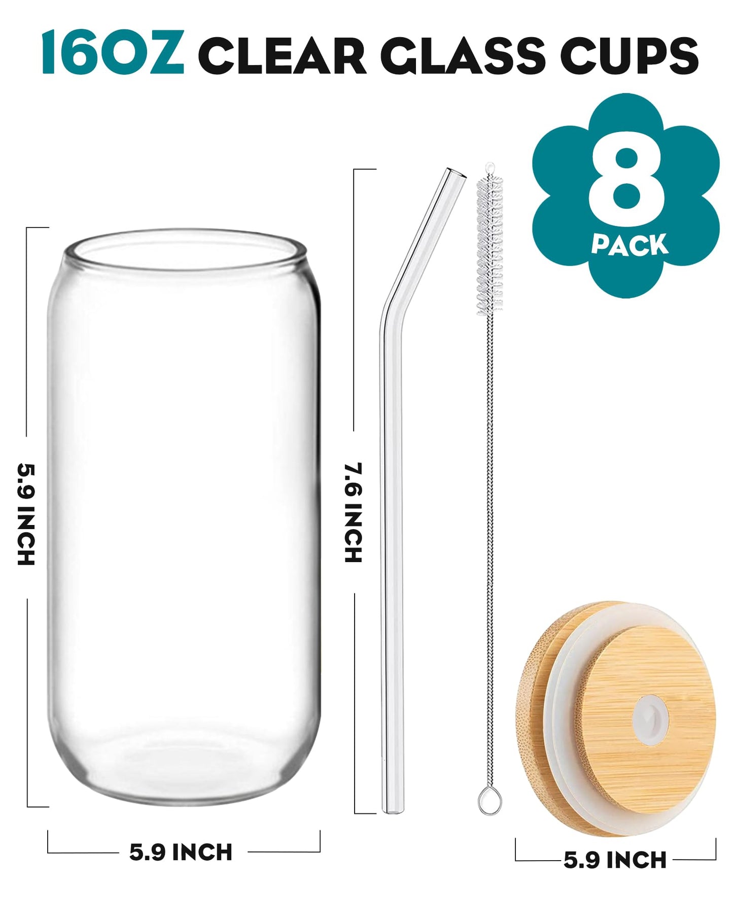 WISIMMALL Drinking Glasses with Bamboo Lids and Glass Straw 8PCS Set, 16oz Glass Cups with Lids and Straws, Beer, Iced Coffee Glasses, Soda, Gift 2 Cleaning Brushes