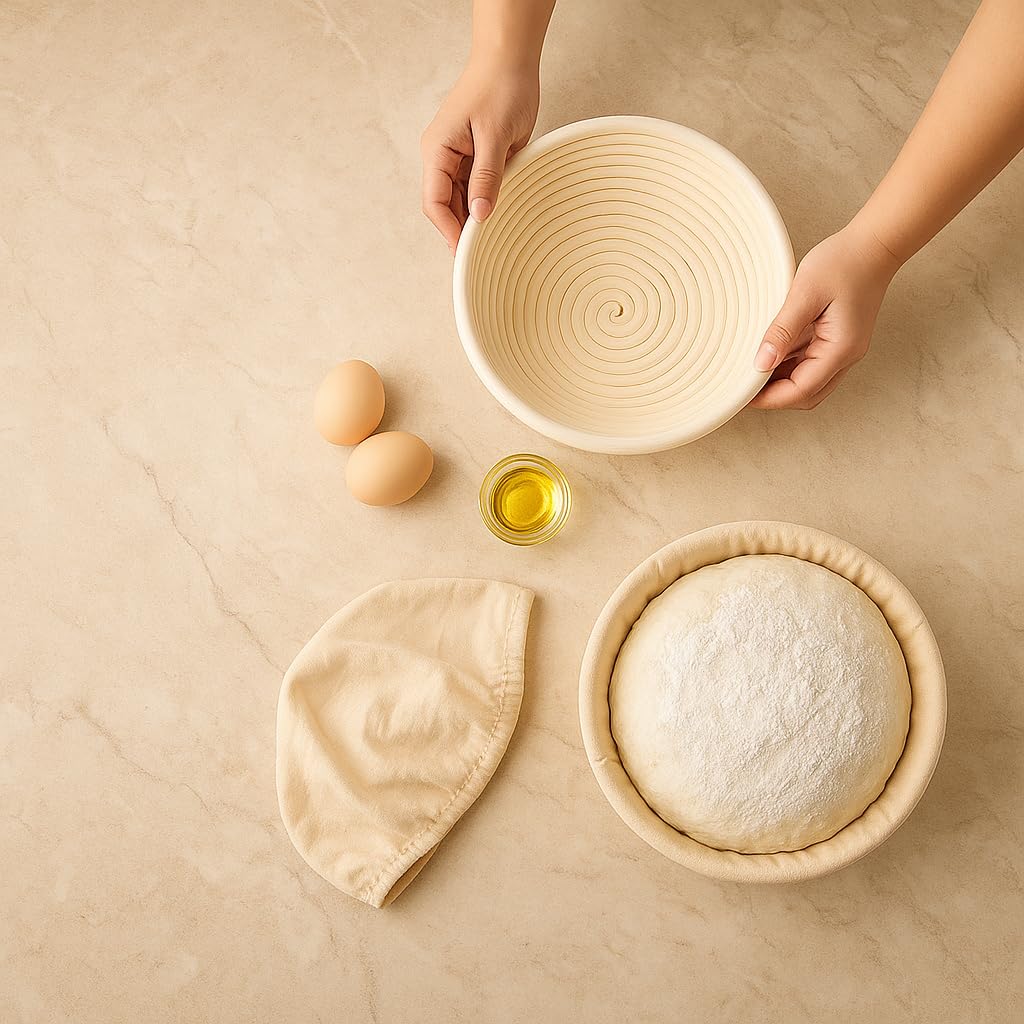 Saint Germain Bakery Round Banneton Proofing Basket and Bread Lame Set – 9 Inch Natural Rattan Bread Basket with Liner, 10 Blades & Leather Cover – Sourdough Baking Kit Gift for Beginners and Bakers