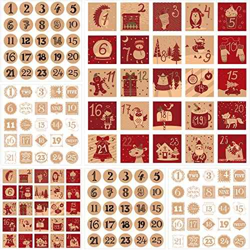 6 Sheets 150pcs Christmas Advent Calendar Numbers Sticker, 25 Days Christmas Countdown Calendar Stickers Xmas Boxes Tags Adhesive Labels for DIY Gifts Craft Xmas Holiday, 1.6 Inch(Kraft Style)