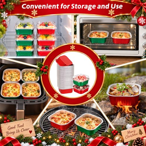 DeziWood 200-Pack 10 oz Christmas Mini Aluminum Cake Pans with Lids, Spoons & Red Green Variation