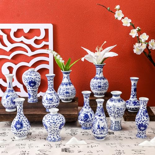 12 Pcs Blue and White Chinoiserie Mini Vases - Classic Porcelain Decor Set