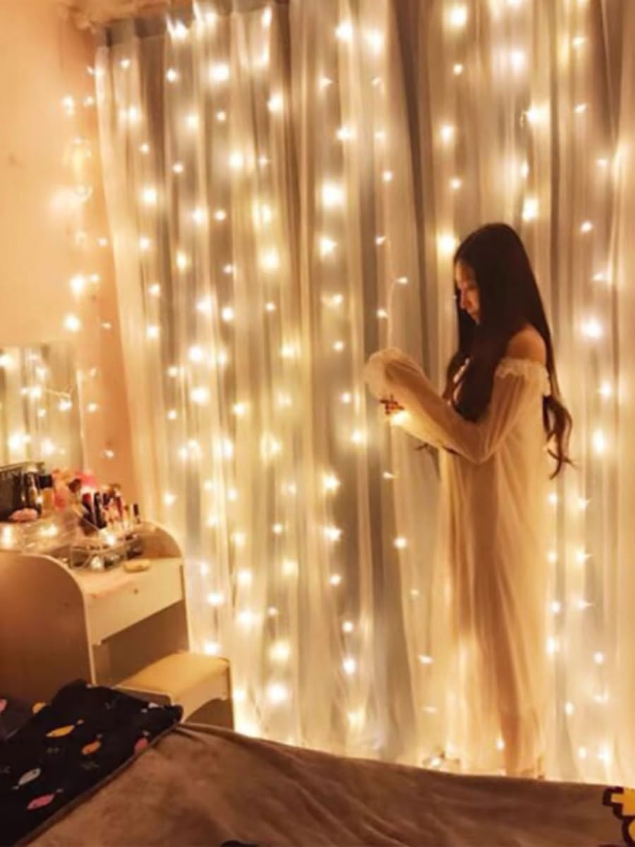 300 LED Curtain Light,3M*3M Fairy String Lights,Curtain String Lights for Party/Wedding/Festival/Christmas,Window Blinking String Light for Bedroom,Outdoor/Indoor,USB Plug with 8 Modes(Warm White)
