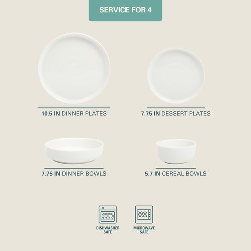 Gibson Home Oslo Dinnerware Set for 4, 16-Piece White Porcelain Plates and Bowls — Ceramic Dish Set | Microwave & Dishwasher Safe