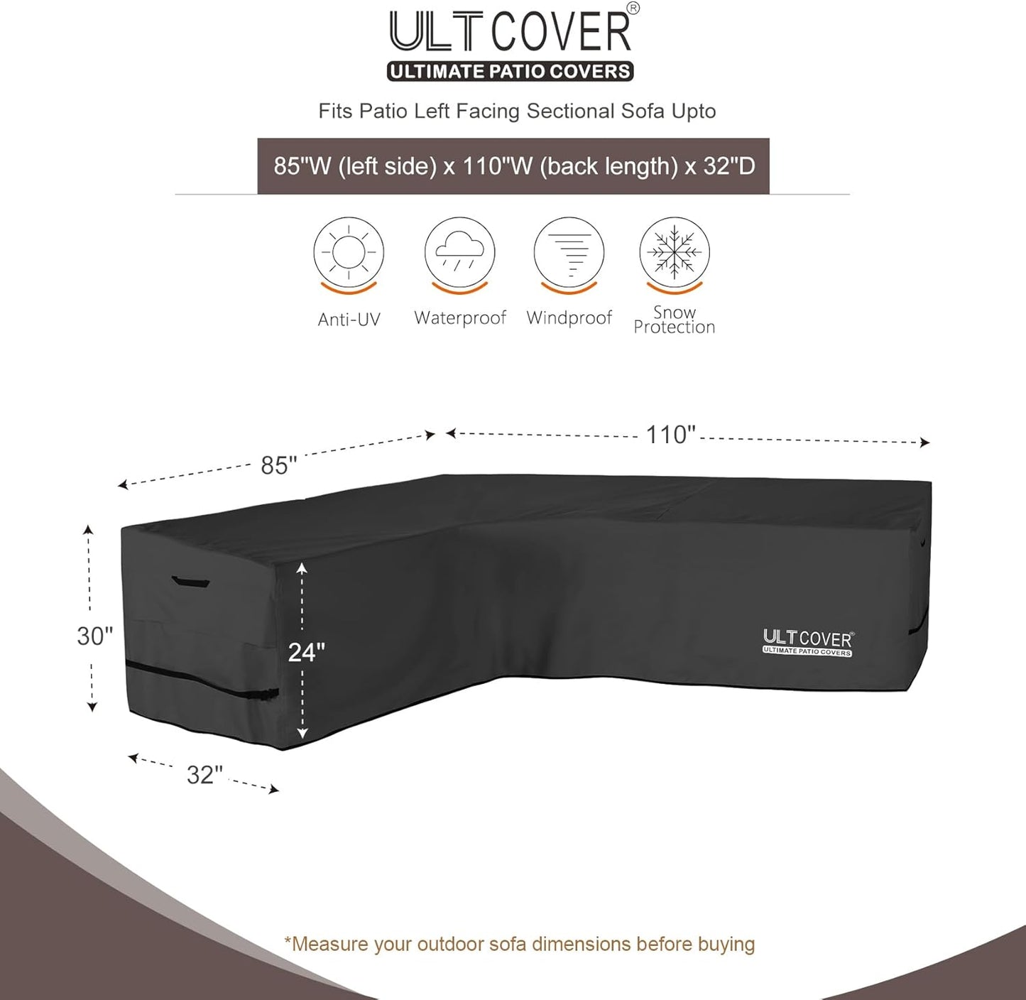 ULTCOVER Waterproof Patio L-Shaped Sofa Cover - Fits 6-Seater Outdoor Sectional Couch, Black, 85"W x 110"L