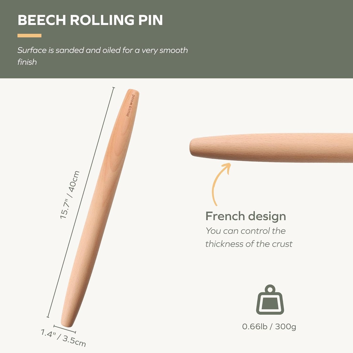 Muso Wood French Rolling Pin - Beech Wood Tapered Design for Baking | 15.75-Inch Size