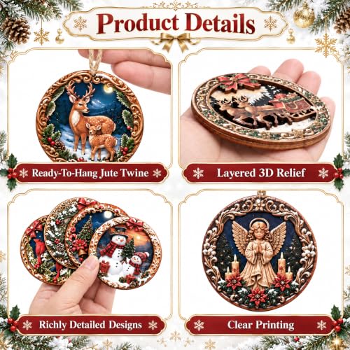 12 Pcs Wooden Snow Scenery Christmas Ornaments, 2.7 Inch Farmhouse Wood Hanging Decor (Mix/12 Pcs)
